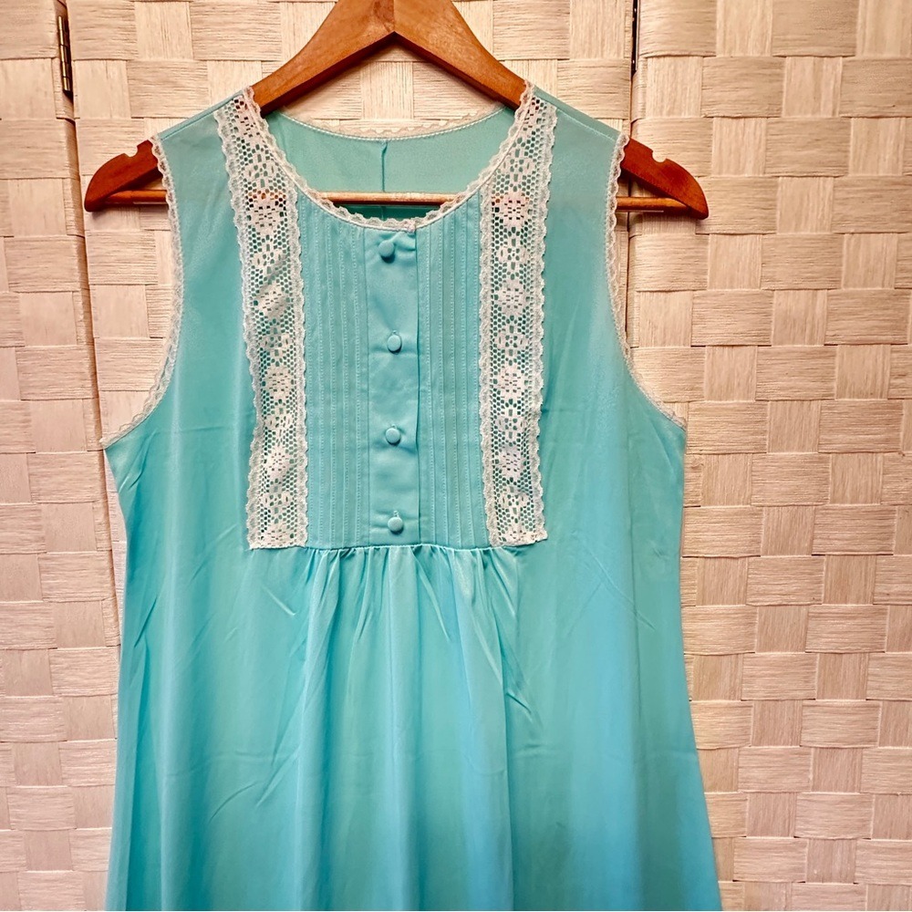 Vintage Gossard Artemis Aqua Blue Lace Pintuck Maxi Nightgown 5244 Small USA - Picture 4 of 11